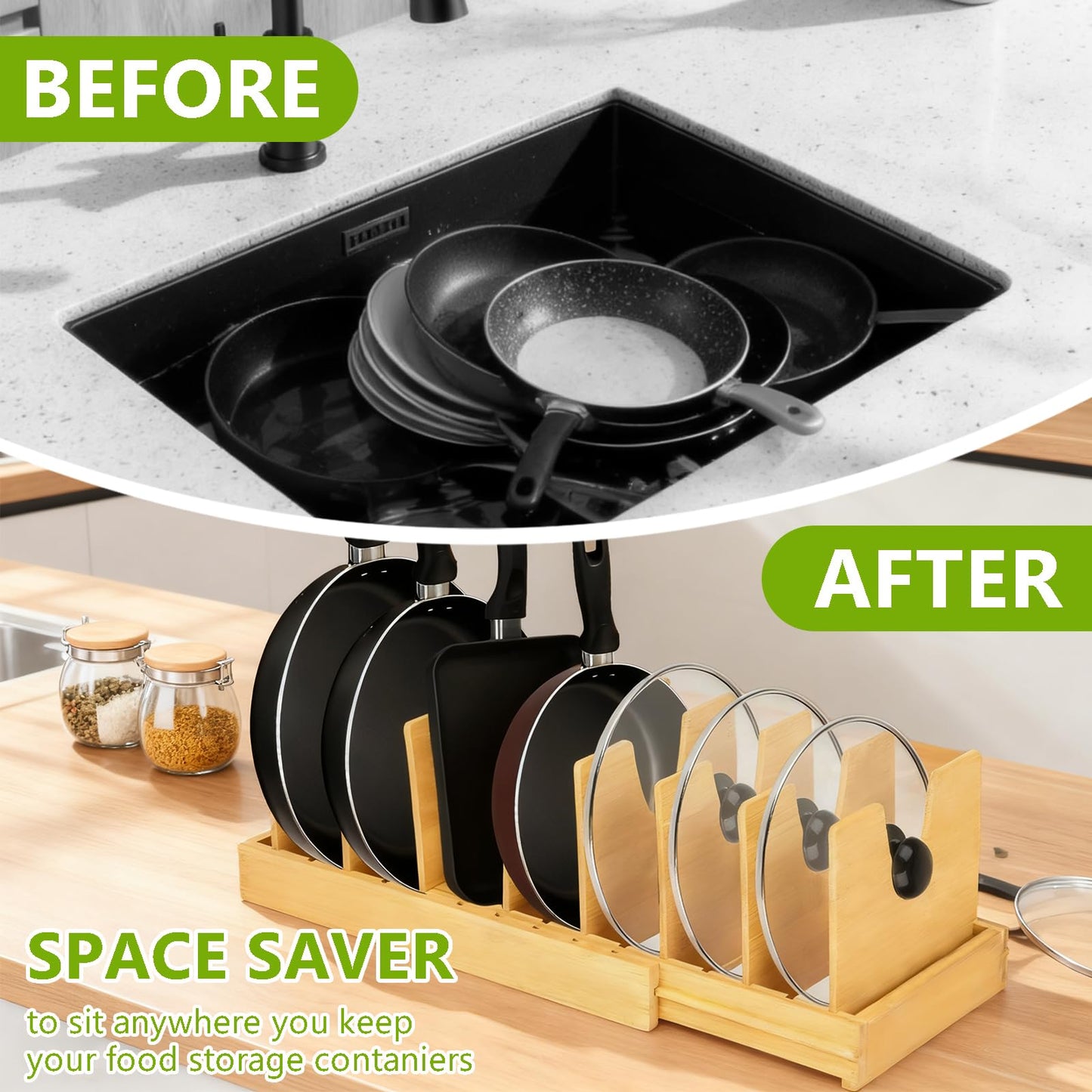 VKDDM Pots and Pans Organizer for Under Cabinet - Expandable Bamboo Pot Lid Organizer, Pan Organizers inside Cabinet, Drawer Pot Lid Holder Rack for Kitchen Organization and Storage