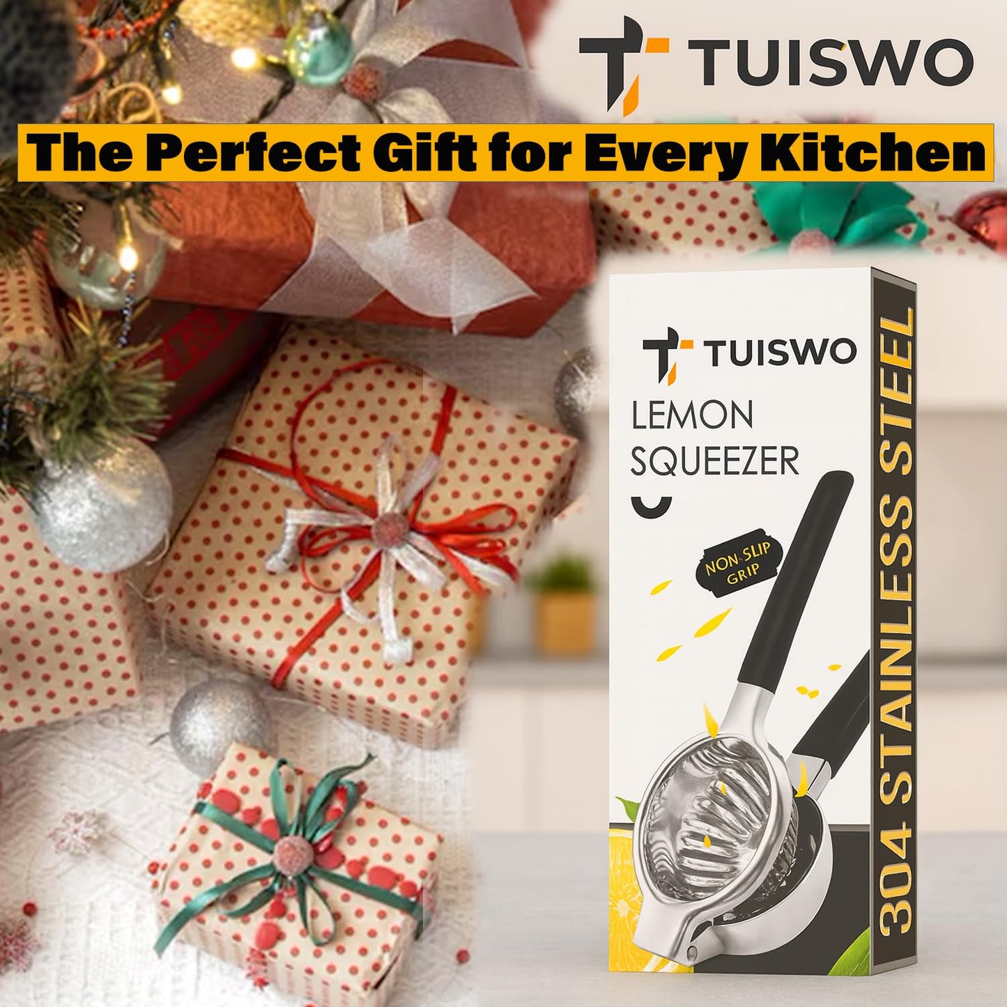 Lemon Squeezer Stainless Steel - Manual Citrus Juicer Large, Metal Lime Squeezer Hand Press, Orange Juice Extractor with Non-Slip Grip, Dishwasher Safe - TUISWO (Silver/Black)