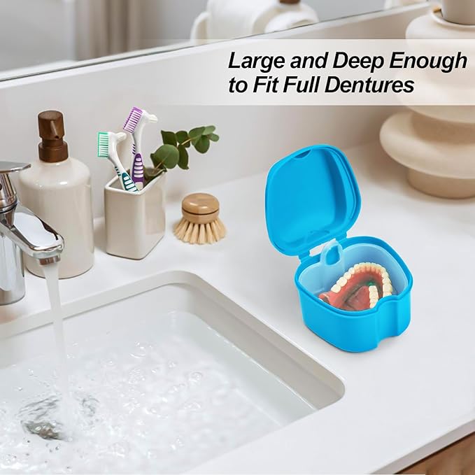 Denture Cups for Soaking Dentures, Partial Denture Holder Case Retainer Mouthguard Cleaning Box Case with 2 Small Brushes - Blue and Dark Blue