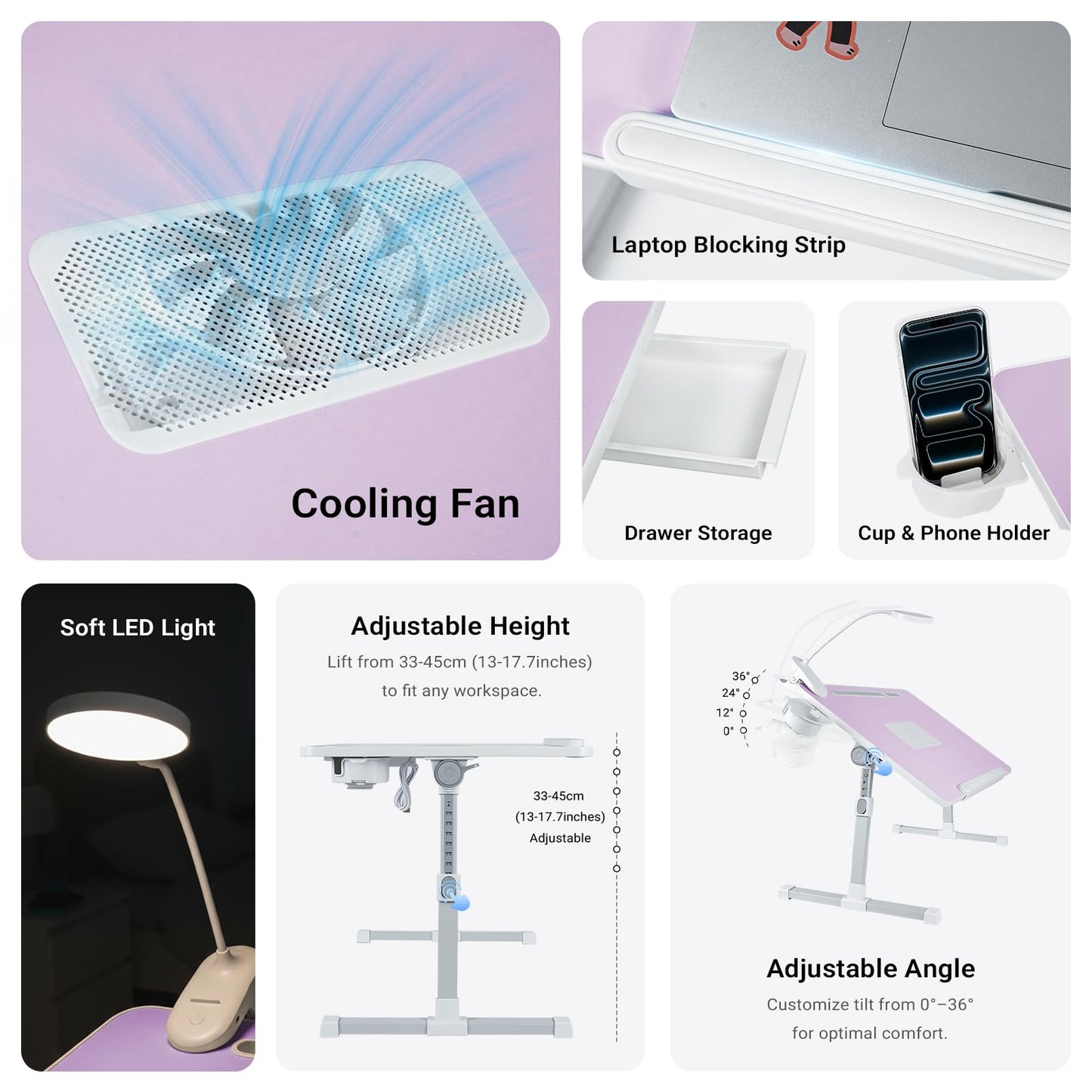 iXTRA Laptop Lap Desk with Cooling Fan - Adjustable Bed Desk with Light, Bed Table with Cup Holder&Phone Holder - Storage Drawer Desk - Folding Bed Desk,Purple,70x45cm