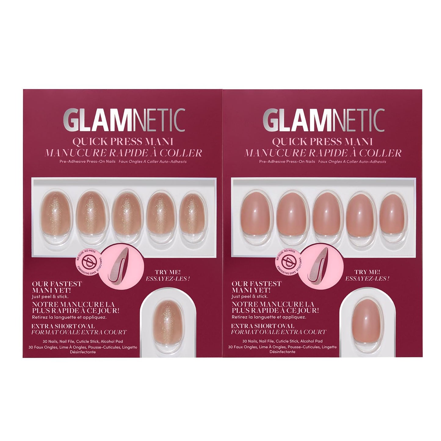 Glamnetic Quick Press Mani Bundle - No Glue Press On Nails, Just Peel and Stick | Sparkly Brown & Teddy | Mess Free Salon Quality Stick On Nails | Oval Extra Short Nails
