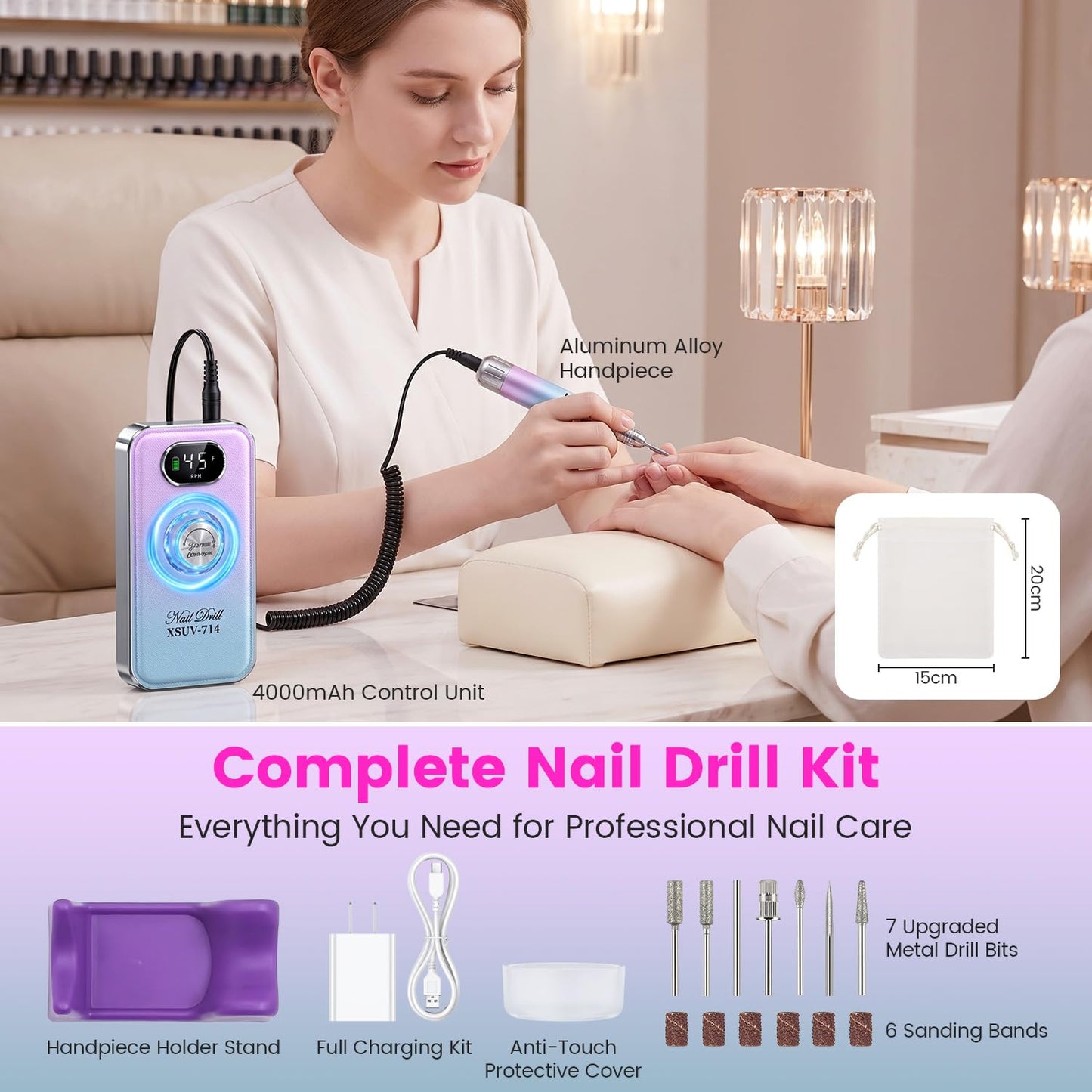 Electric Nail Drill Professional 45000RPM,Portable Drill Nails Machine with LED Display for Salon and Home Use,Rechargeable Electric Nail File Kit for Manicure Pedicure Polishing Acrylic