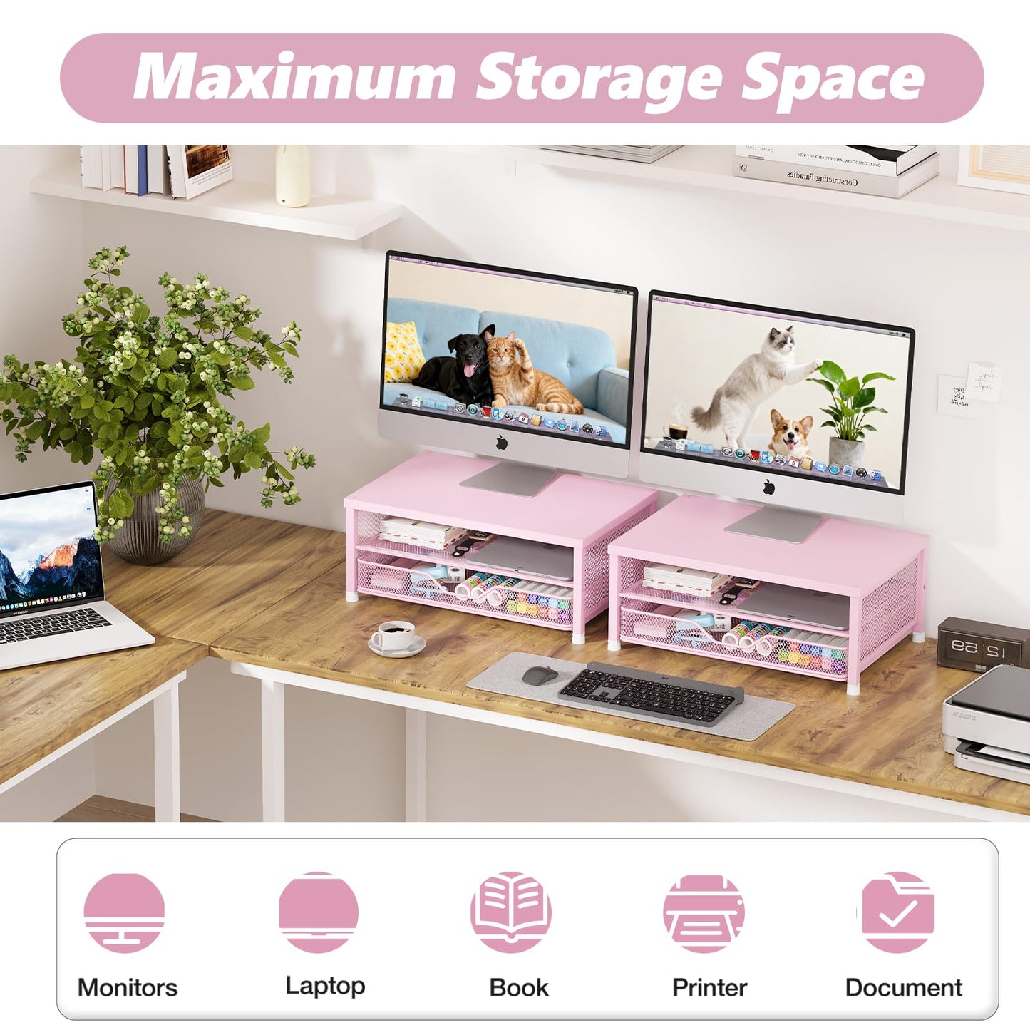 OPNICE Computer Monitor Stand Riser, Desk Organizer with Drawer, Printer & Laptop Stand, Office Desk Accessories & Workspace Desktop Organizers Storage for Office Supplies(Pink)