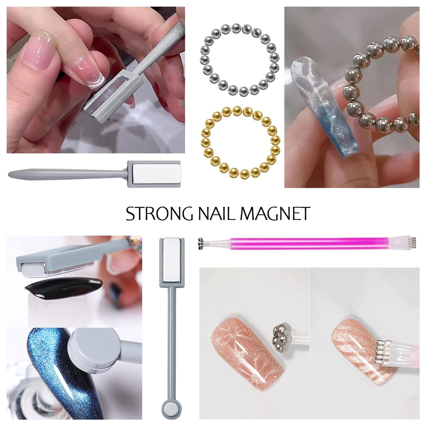JERCLITY 49 Pieces Cat Eye Magnet for Nails Magnetic Beads with Water Ripple Effect Strong Cylindrical Nail Magnet Square Nail Magnet Double-Head Multi-Function Magnet for Cat Eye Gel Polish