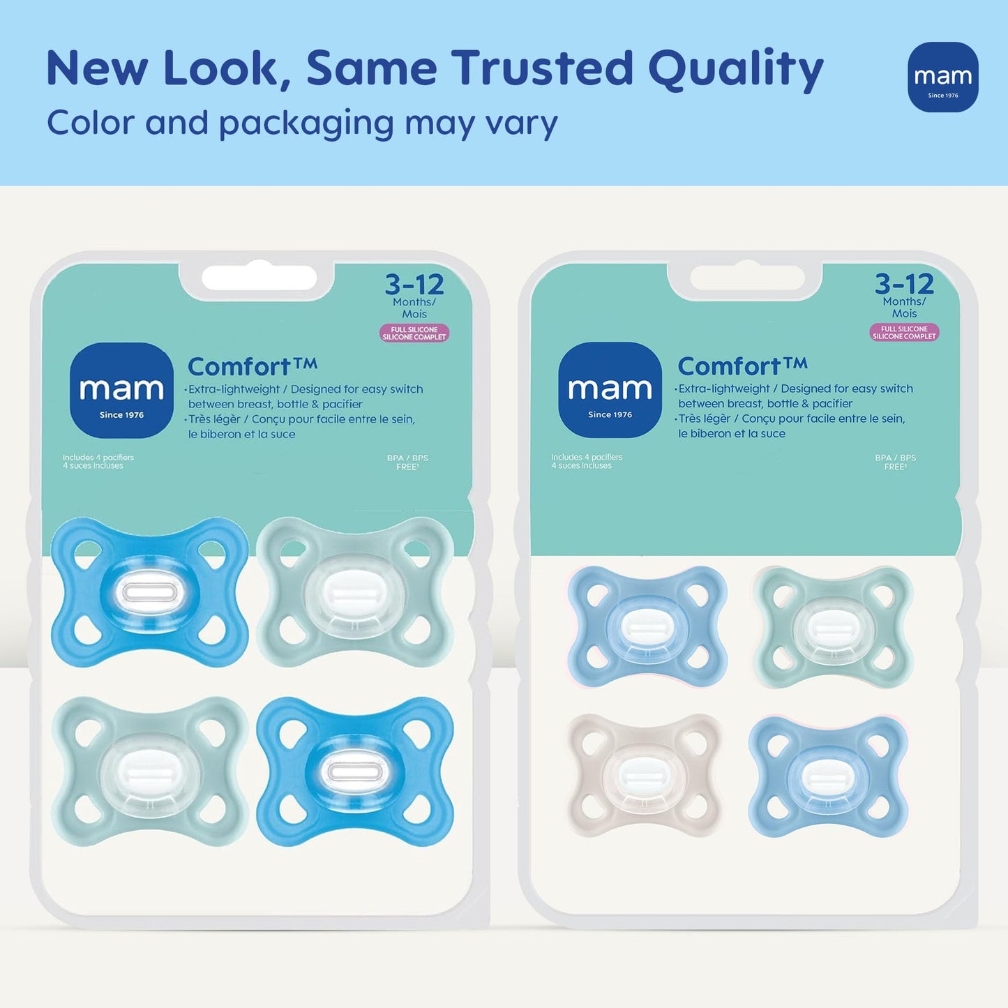 MAM Comfort Baby Pacifiers 3-12 Months Babies, Lightweight One-Piece Full Silicone Binky, BPA-Free Nipple, Easy to Clean Pacifier, Best for Breastfed Babies, 4 Count, Made in Europe