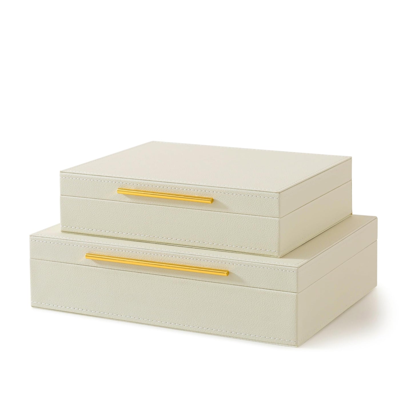 Soul & Lane Faux Leather Decorative Boxes with Lids and Gold Hardware for Home Decor, Set of 2 Stacking Hinged Boxes for Coffee Table and Living Room Shelves, Nesting Remote Control Holder, Ivory