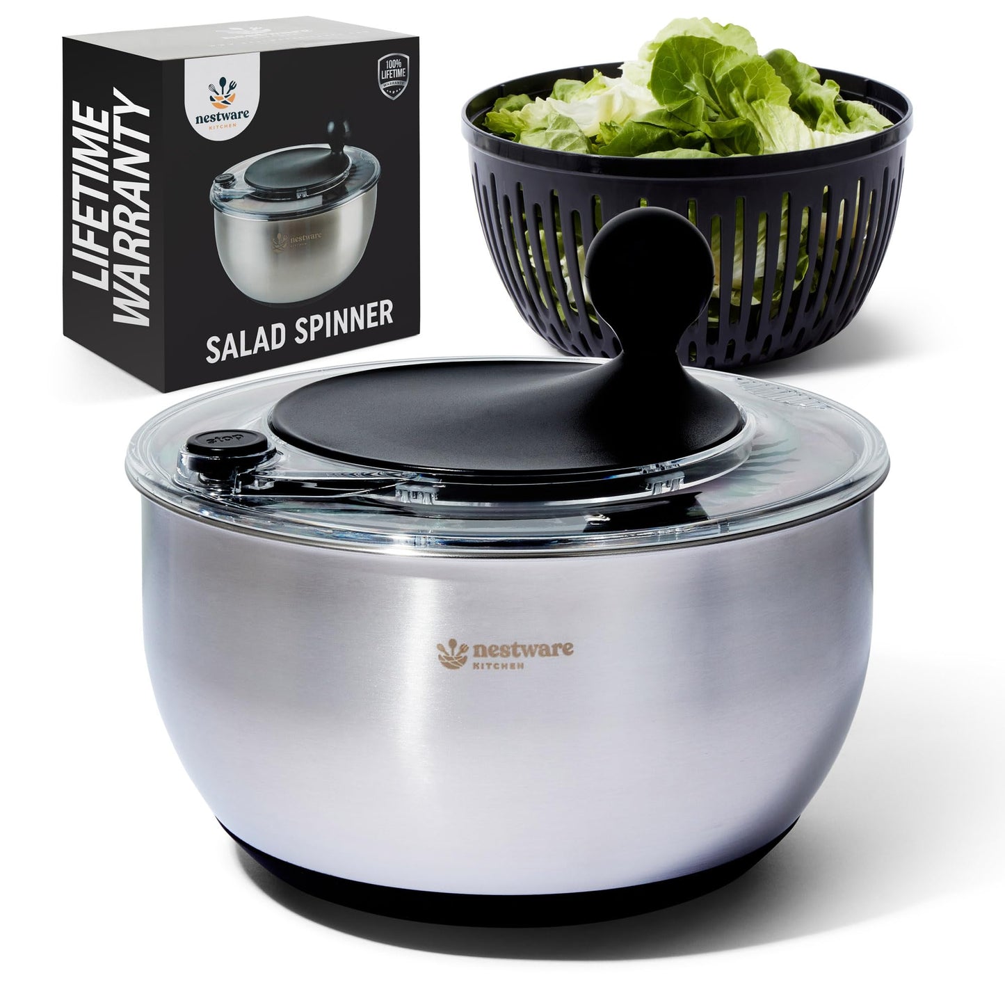 Nestware Kitchen Stainless Steel Salad Spinner, Lettuce, Vegetable & Fruit Dryer, 5L Capacity, Non-Slip Base (304 Stainless Steel - Black)