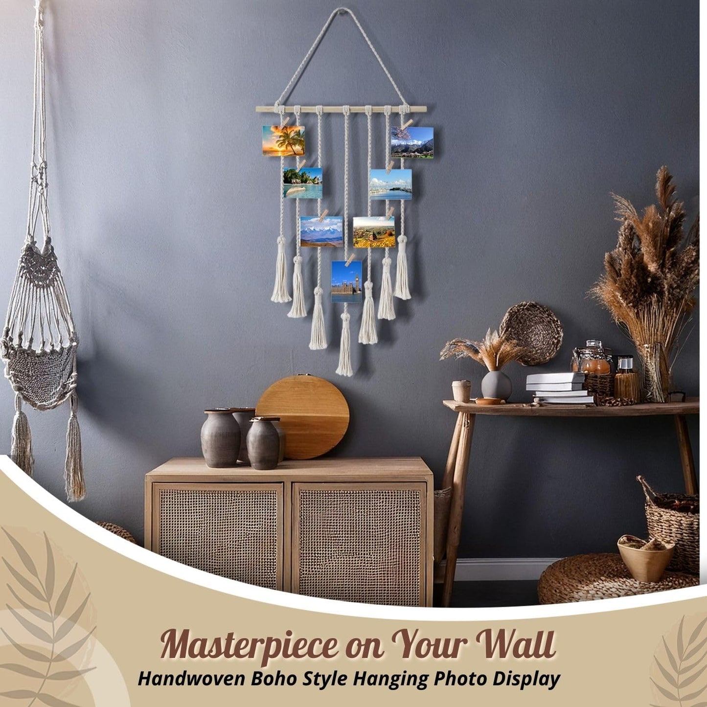 Flexzion Macrame Hanging Photo Display Wall Decor - Handwoven Boho Picture Collage Decor Hanger with 25 Wooden Clips & Cotton String Holder Organizer for Bedroom, Living Room, Home, Dorm, Gift