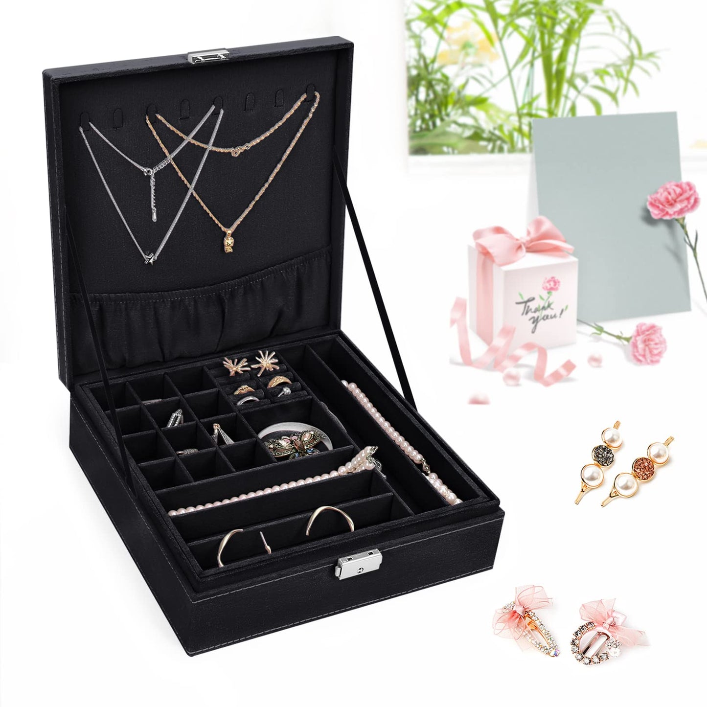 MOSISO Jewelry Box, Jewelry Storage Case Organizer Stackable Double Layer Lockable Display for Women Velvet Necklace Earring Bracelet Ring Watch Brooch Holder, Black