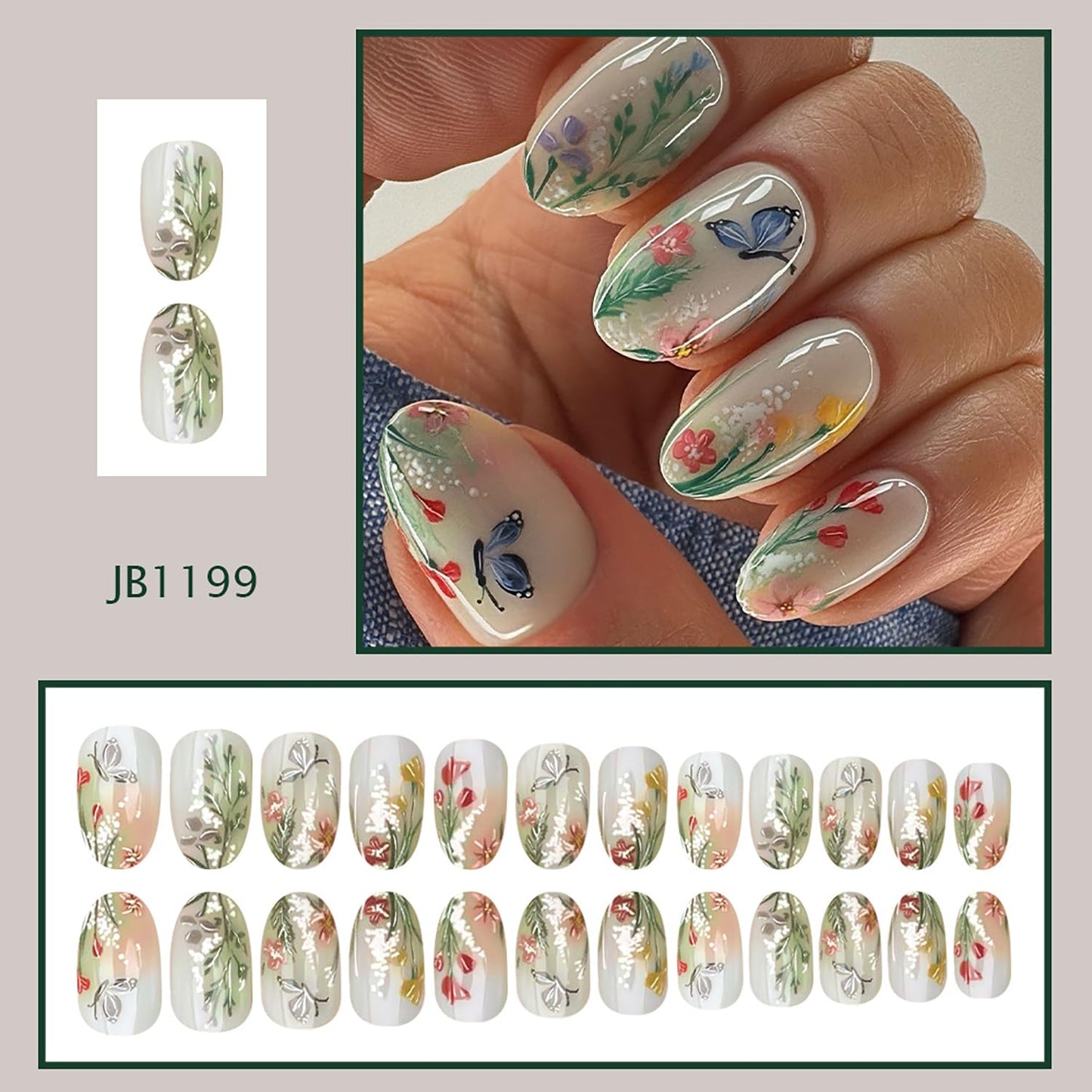 Floral Butterfly Press on Nails Summer Fake Nails Almond Shape Nails Press ons Reusable Glossy False Nails Small Flowers Acrylic Nails Elegant Full Cover Stick on Nails for Women Nature Manicure