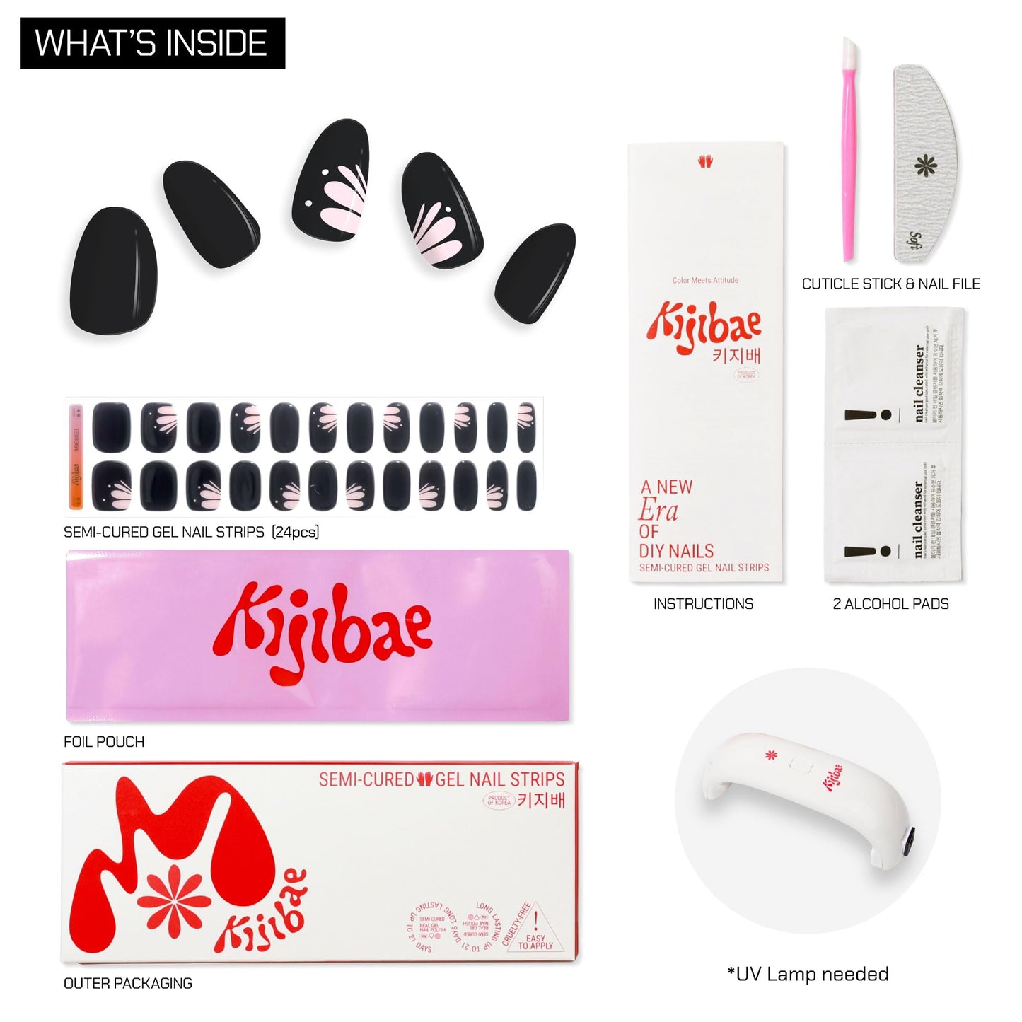 Kijibae Semi Cured Gel Polish Strips | 24pc UV LED Required Wraps | Gift Peel and Stick Nails | Coquette DIY Home Manicure | Press On Alternative (Midnight Butterfly)