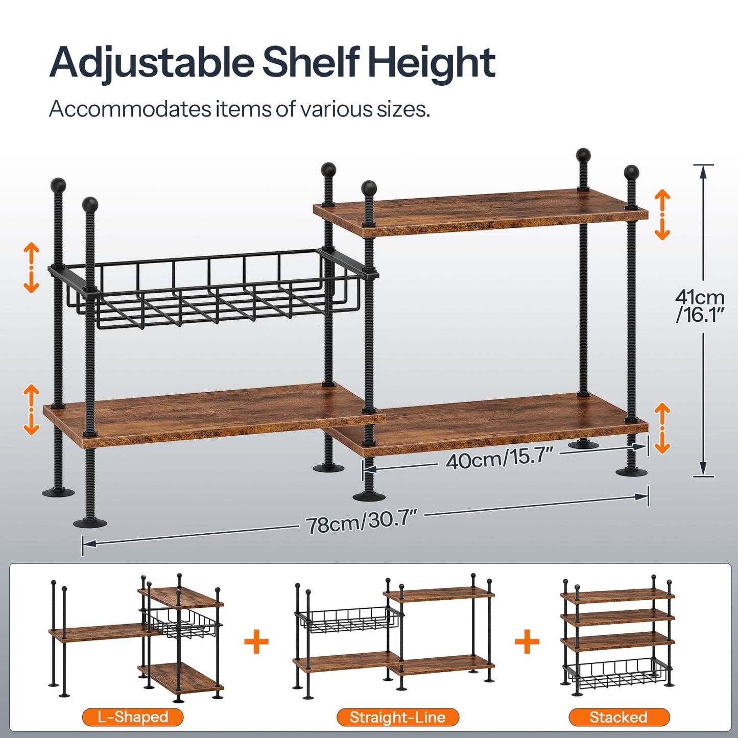 HOOBRO Kitchen countertop Organizer, 4-Tier Adjustable Kitchen Storage Shelf with Rods & Leveling Feet, 3 Configurations, for Cabinet, Countertop, Bathroom, Office, Rustic Brown and Black BF21TL01