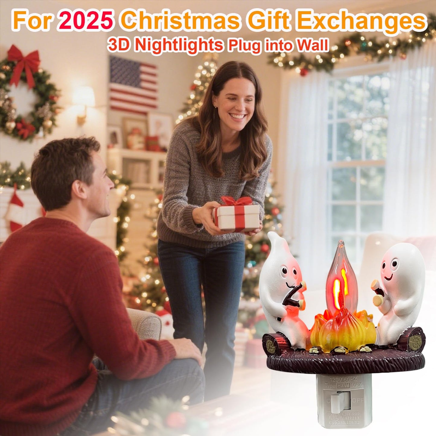 Consdemy Ghost Campfire Flickering Nightlight 120V Plug into Wall - Realistic Spooky Candles for Party Decor Indoor - Christmas & Halloween Night Light Campfire Gifts for Families, Friends (Ghost)