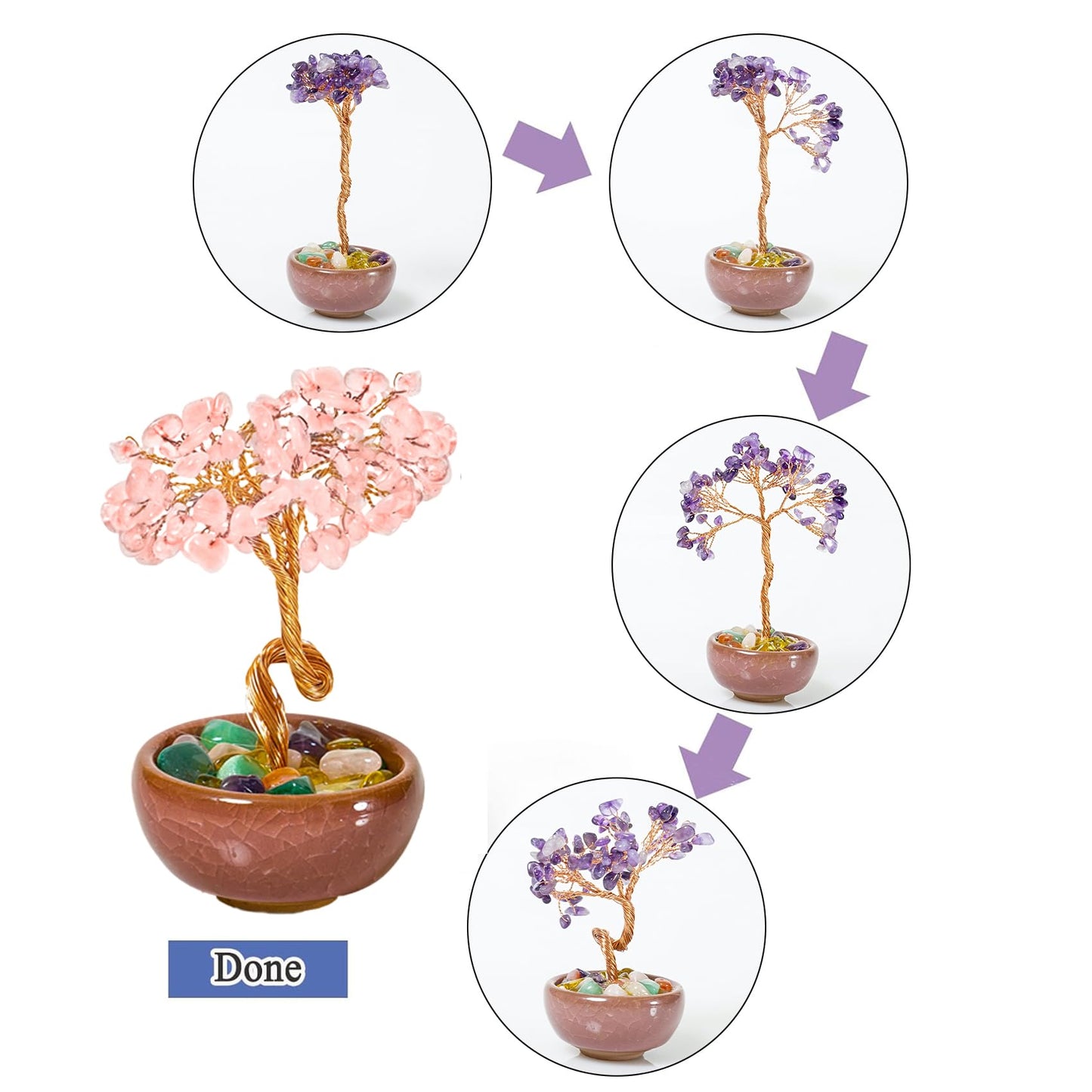 Rose Quartz Crystal Tree,Handmade Love Tree for Romance, Emotional Healing Feng Shui Crystal Tree with Copper Wire and Ceramic Base, Office Desk Decor, Birthday Gift for Women