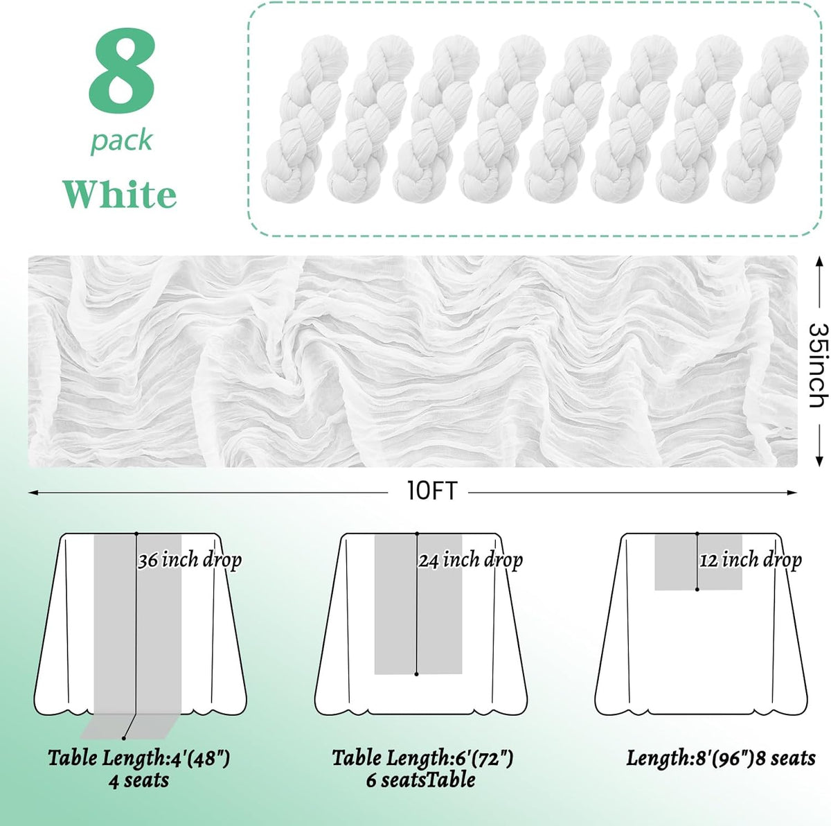 Dugpit 8-Pack White Cheesecloth Table Runner 10FT – Boho Rustic Gauze Runner for Weddings & Parties