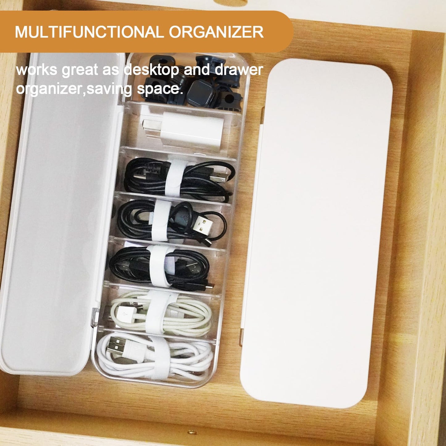 Asonen Cable Organizer Box with 14 Wire Ties and 6 Magnetic Cable Clips, Desktop Cord Management Box with Dividers and Lid for Home Office Storage – White