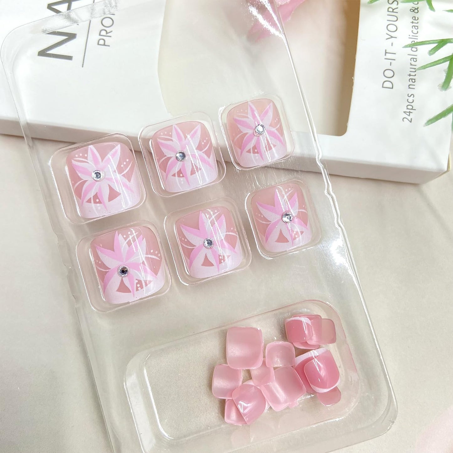 Summer Flower Press on Toenails Rhinestones False Toenails White French Tip Toe Nails Reusable Full Cover Toe Nails for Women