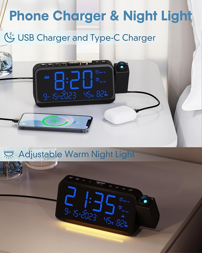 Roxicosly Projection Alarm Clock for Bedroom Ceiling, 118 dB Super Loud for Heavy Sleepers, 6.7" Large Digital Dimmable Display with Day Date Indoor Temp Humidity, Dual Alarms Adjustable Volume