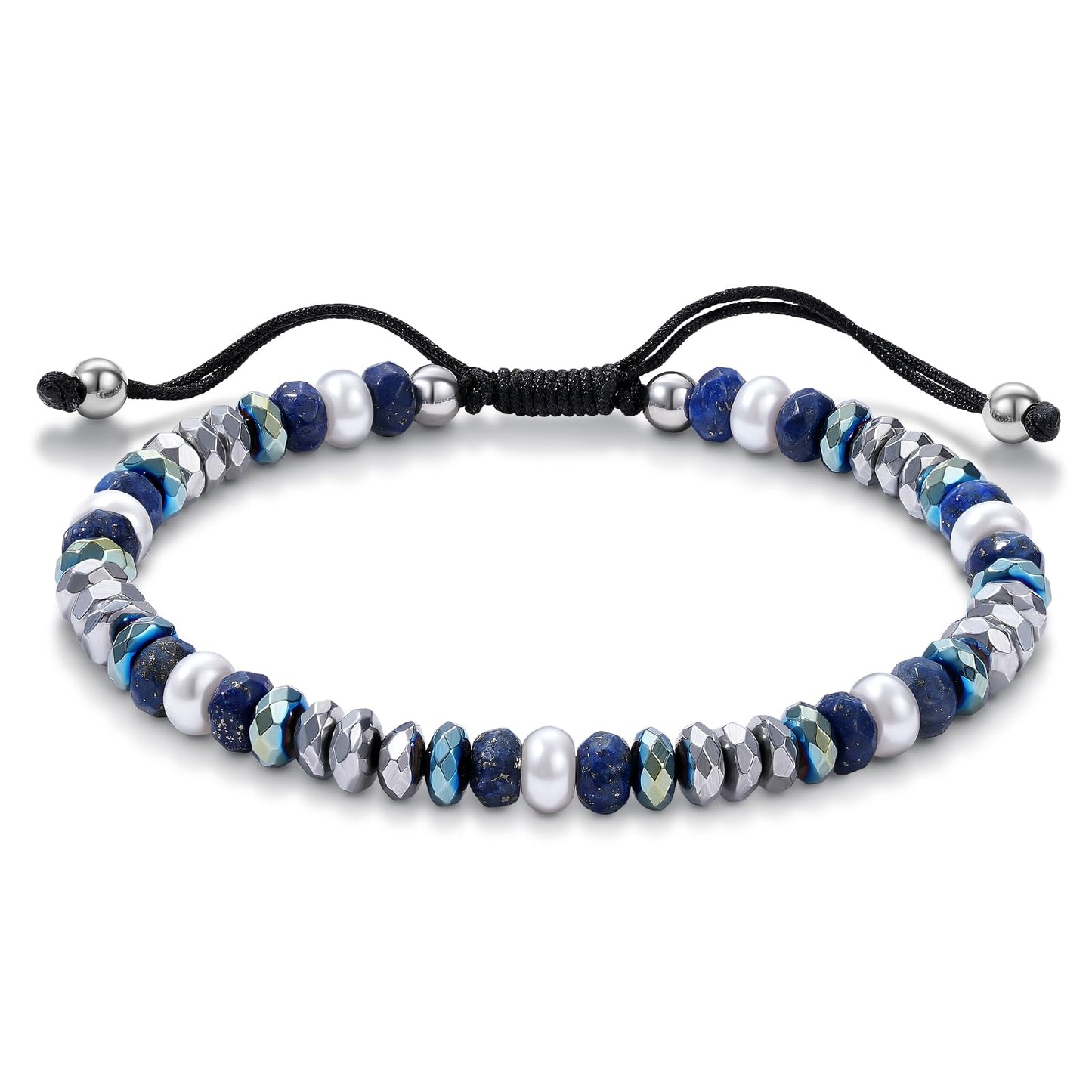 Holamonte Natural Stone Beaded Bracelets for Men, Tigereye Bead Link Bracelet, Adjustable Retractable Cord, Men's Chakra Protection Lapis Hematite Glass Pearl Bracelet, Ideal Gift (Blue)
