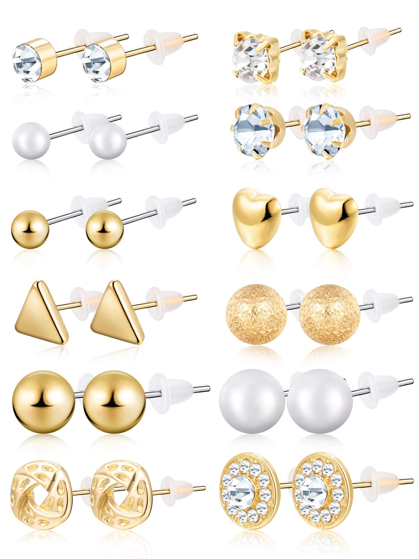 BBTO 24 Pairs Stud Earrings Crystal Pearl Earring Set Ear Stud Jewelry for Women Men(Gold)