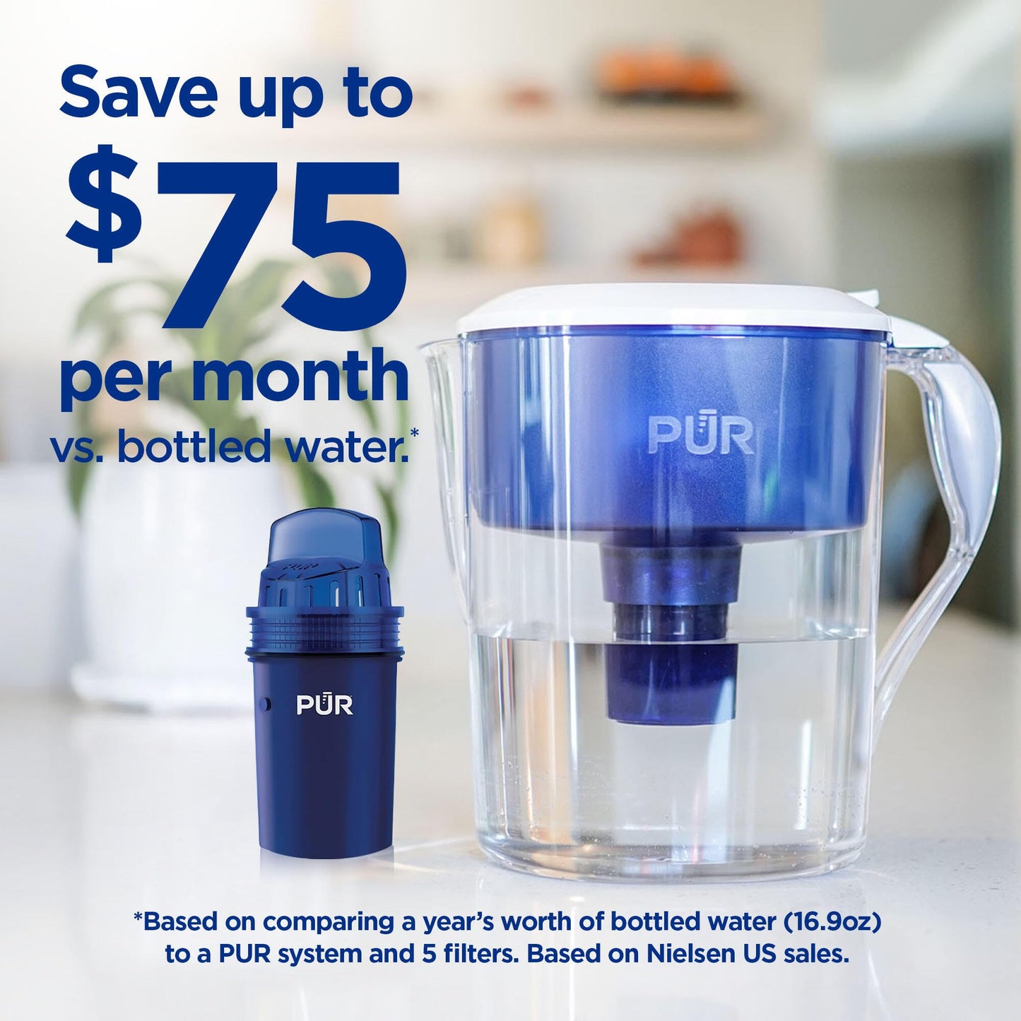 PUR Water Pitcher & Dispenser Replacement Filter 4-Pack, Genuine PUR Water Filter, 2-in-1 Powerful and Faster Filtration, 8-Month Value, Blue (PPF900Z4)
