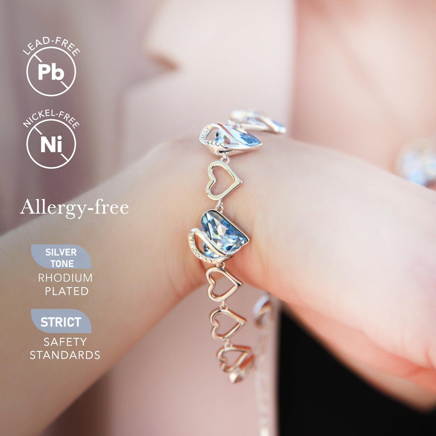 Leafael Infinity Love Heart Gift Bracelet for Women, March & December Birthstone Crystal, Light Sapphire Blue, Silver Tone, 7-inch Chain and 2-inch Extender