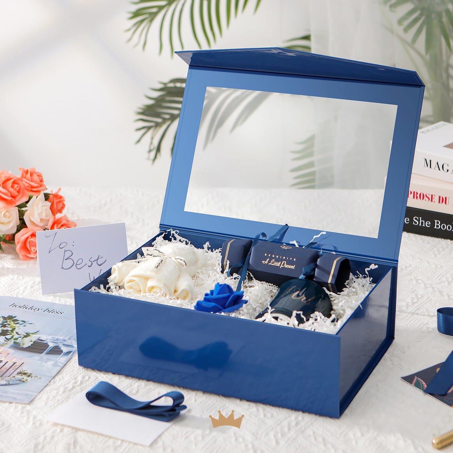 PACKQUEEN Large Blue Gift Box with Window, 13.5x9x4.1 Inches Clear Gift Box for Present Contains Ribbon, Card, Groomsman Proposal Box with Magnetic Lid (Glossy Blue)
