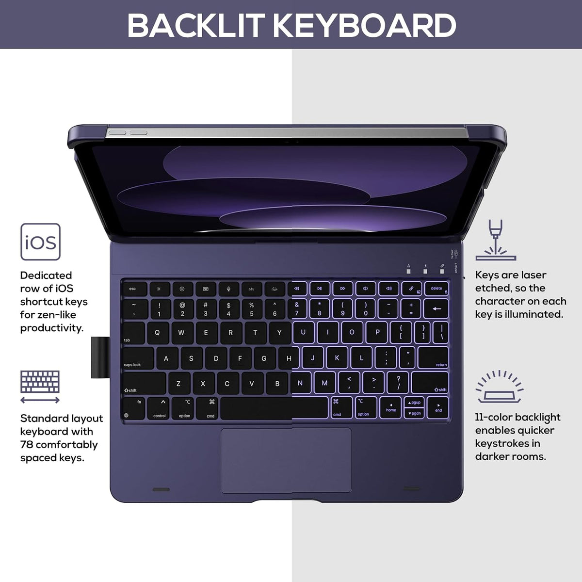typecase Touch iPad 10th Generation Case with Keyboard (10.9", 2022) and iPad A16 (11th Gen, 2025) – 360° Rotatable, 11-Color Backlit, Multi-Touch Trackpad, Thin & Light (Midnight Amethyst)