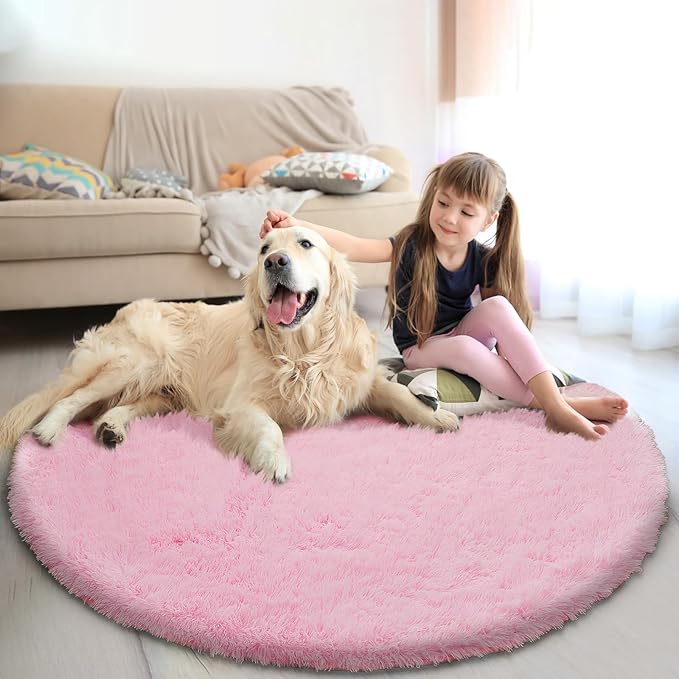 yulidayang Pink Fluffy Round Area Rugs for Bedroom,4ft Shag Circle Area Rugs for Girls Room,Non Slip Fuzzy Plush Rug for Kids Room Living Room and Dorm Home Decor Rug