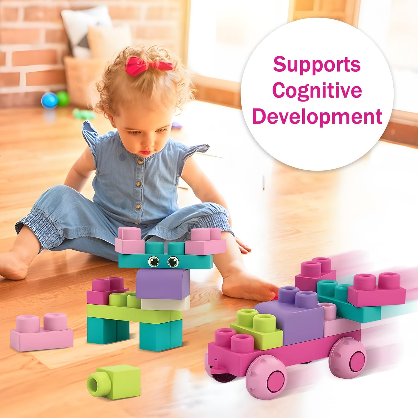 ROHSCE Soft Building Blocks for Toddlers, Stacking Blocks for Babies 6 Months and Up STEM Toddler Gifts, Large Construction Block Set Rubber Blocks Bag with 42 Pieces and Storage,Gift for Easter