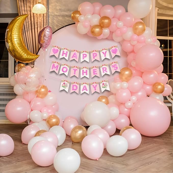 Happy Mother's Day Banner Set Decoration for Mother's Day Party Decorations Backdrop Garland for Mom Glitter Garland Photo Props (Pink Flower Heart)