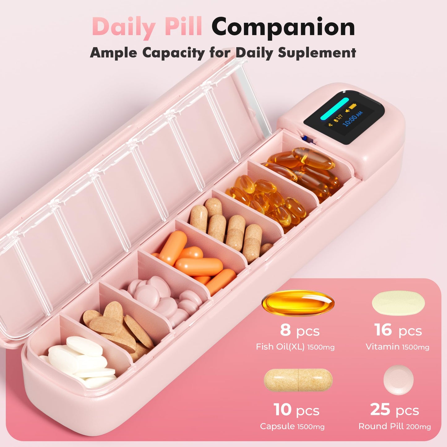 Smart Pill Dispenser with Alarm & Bluetooth, 7-Day Once-Daily Organizer & Travel Case, App-Controlled Medicine/Supplement/Vitamin Reminder, Portable Weekly Pill Box (Pink)