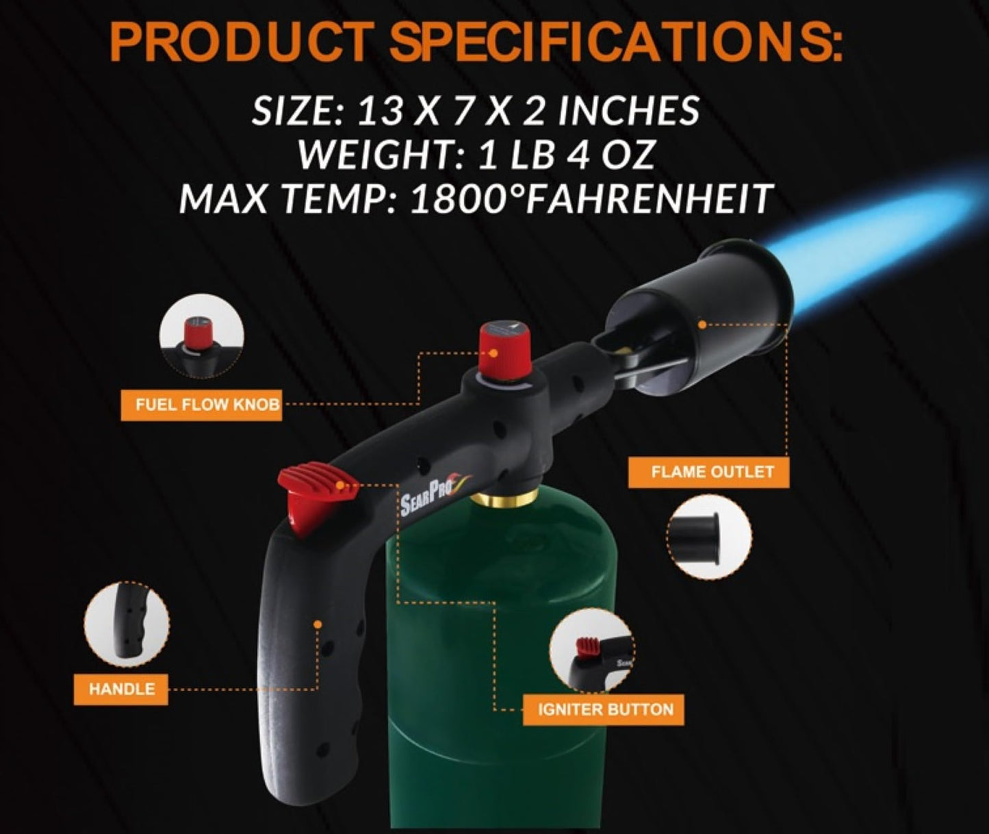 POWERFUL SearPro Charcoal Torch Lighter - Cooking Gadgets - Sous Vide - Cooking Torch - Culinary Kitchen Torch - Flamethrower Meater Gun Lighter - Chef Blow Torch - BBQ Propane Torch Tank Not Included