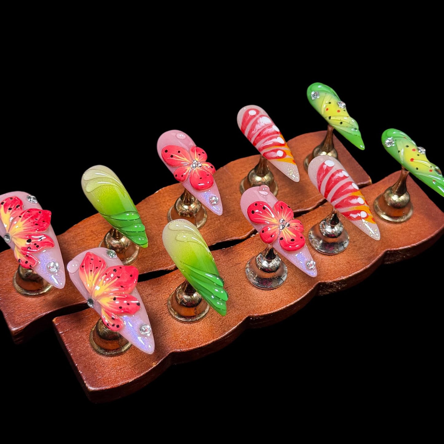 Handmade Press On Nails, Stiletto Shape, 3D Floral Botanical Muse Art, Vibrant Multi-Color Design, Thick Acrylic Fake Nails Set Tropical (M)