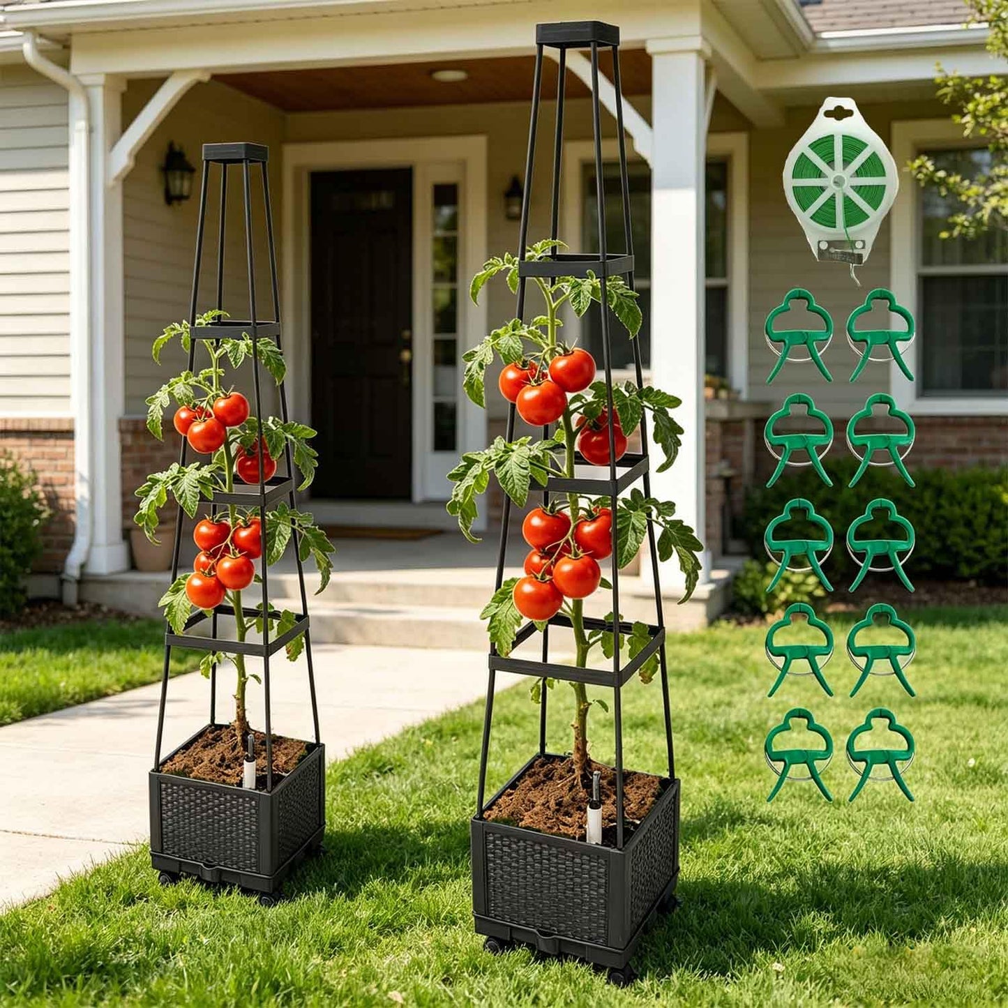 FesmTek Movable Raised Garden Bed Tomato Planter Box with Trellis and Universal Wheel Self-Watering Garden Beds Outdoor for Vegetables 2-Pack