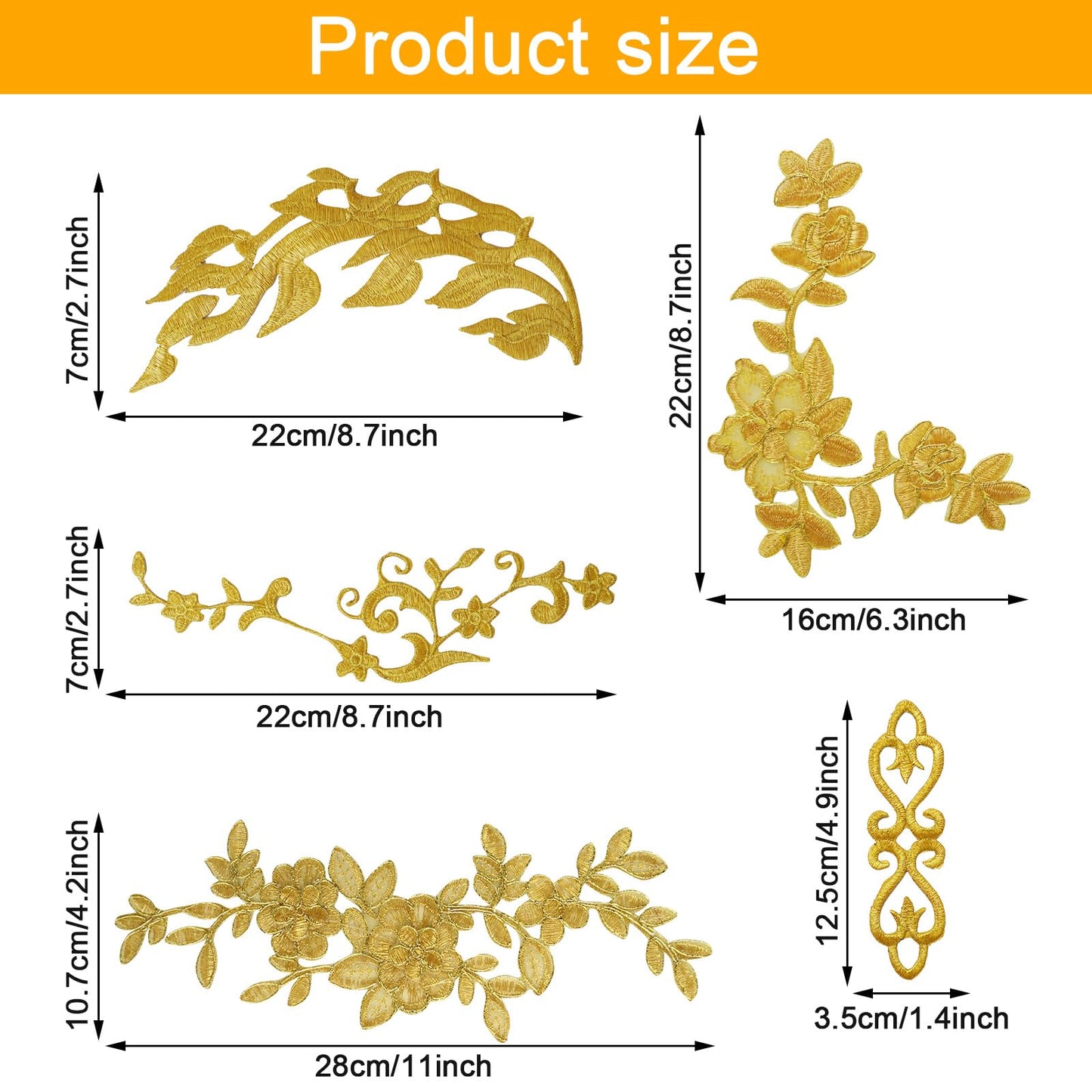 Gnognauq 12Pcs Gold Flower Iron on Patches Embroidery Applique Sewing Fabric Gold Lace Sew on Patch for Dress Jeans Clothes