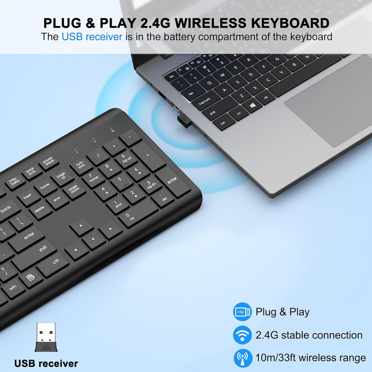 EDJO Wireless Keyboard, 2.4G Full-Sized Cordless USB Silent Computer Keyboard, Ergonomic Tilt Angle, Sleep Mode, Long Battery Life, for Windows, Mac OS Laptop/PC/Desktop/Notebook