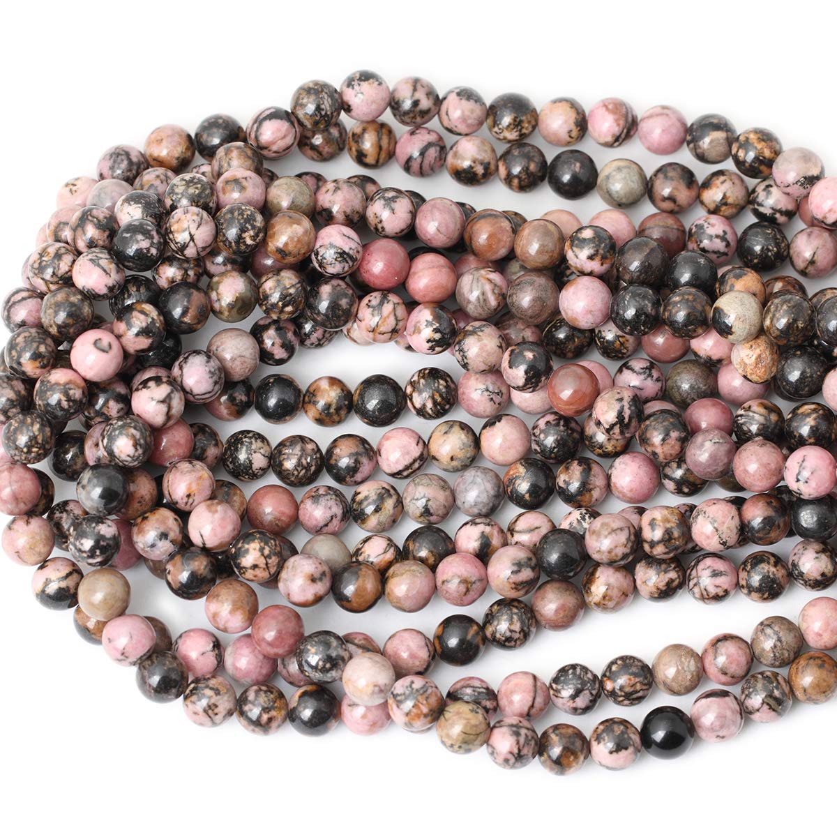 CHEAVIAN 45PCS 8mm Natural Black Line Rhodochrosite Gemstone Smooth Round Loose Beads for Jewelry Making 1 Strand 15"