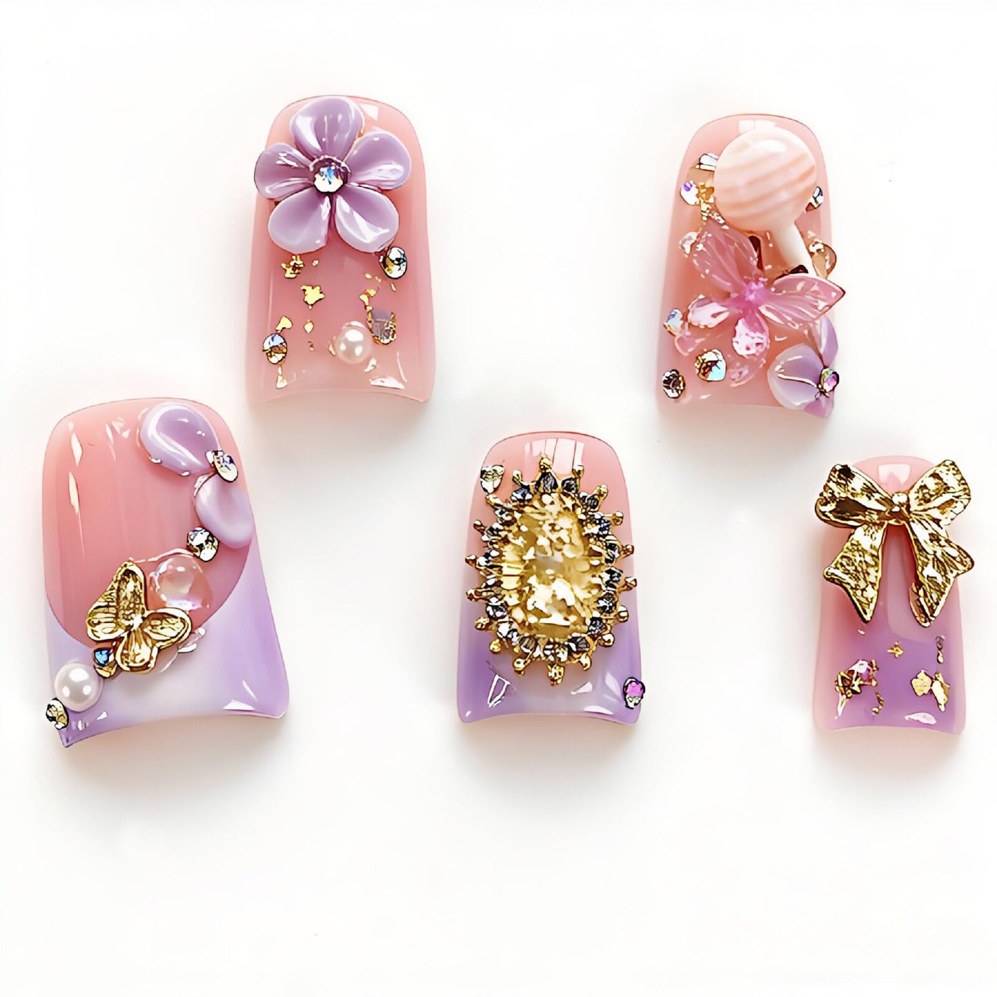 Handmade Acrylic Press on Nails Short Duck Nails Press on Thick French Tip with 3D Design Reusable Glossy Fake Nails Cute Nail Art DIY for Women 10pcs (Size M）