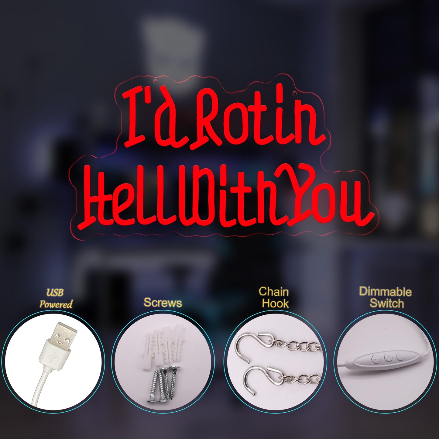 I’d Rot in Hell with You Neon Sign, Alt Room Decor,Gothic Wedding LED Wall Light for Halloween, Horror Room Decor, Dark Love Wedding Gift, Anniversary, Gothic Home Decor