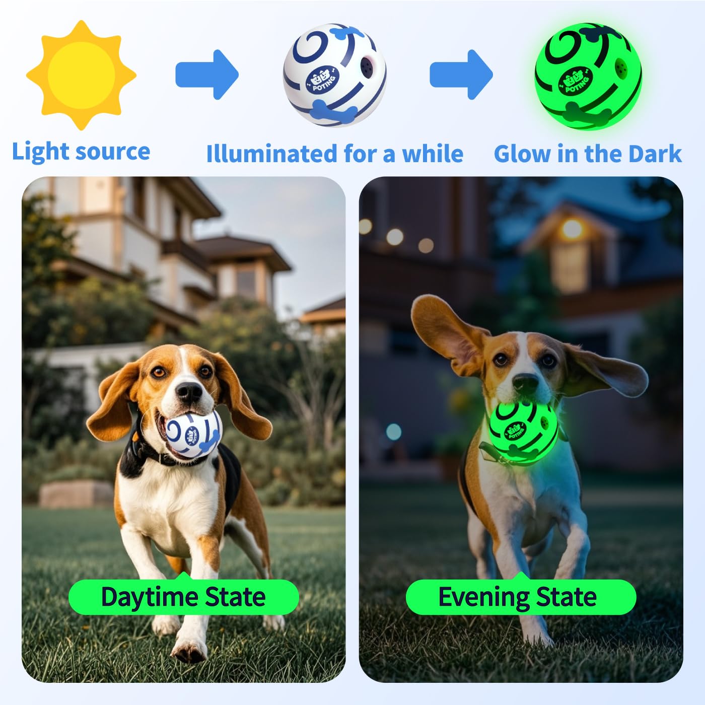 POTING Giggle Ball for Dogs 2 Pack, Glowing Interactive Dog Toys Balls, Rolling Squeaky Toy for Large Medium Small Dogs, Fun Giggle Sounds Attract Attention When Rolled or Shaken - 3.94 inch