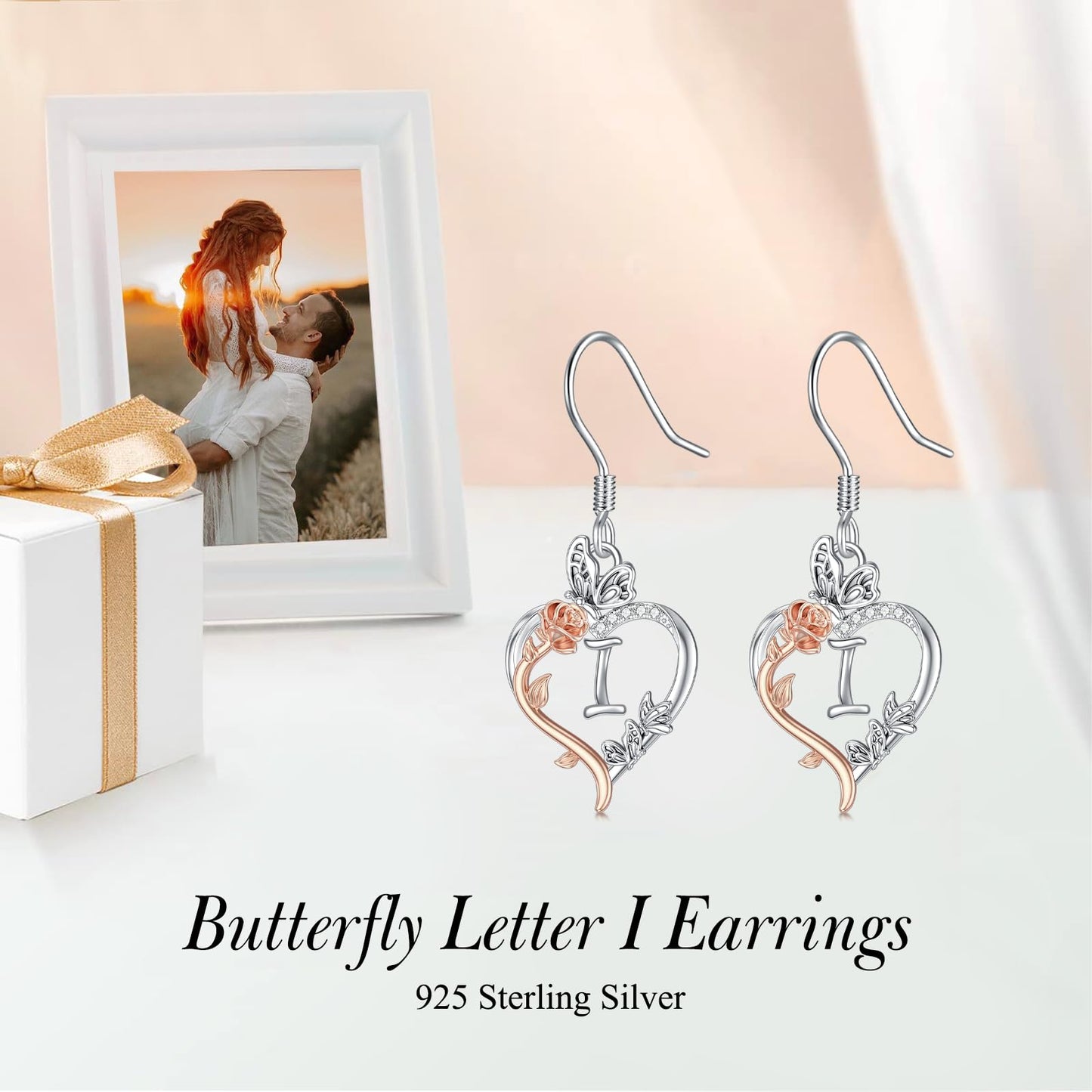 TOUPOP Rose Heart Initial Earrings Sterling Silver Butterfly Earring Initial I Letter Drop Dangle Earrings Jewelry Anniversary Birthday Mothers Day Gifts for Women Mom Wife Girlfriend Her