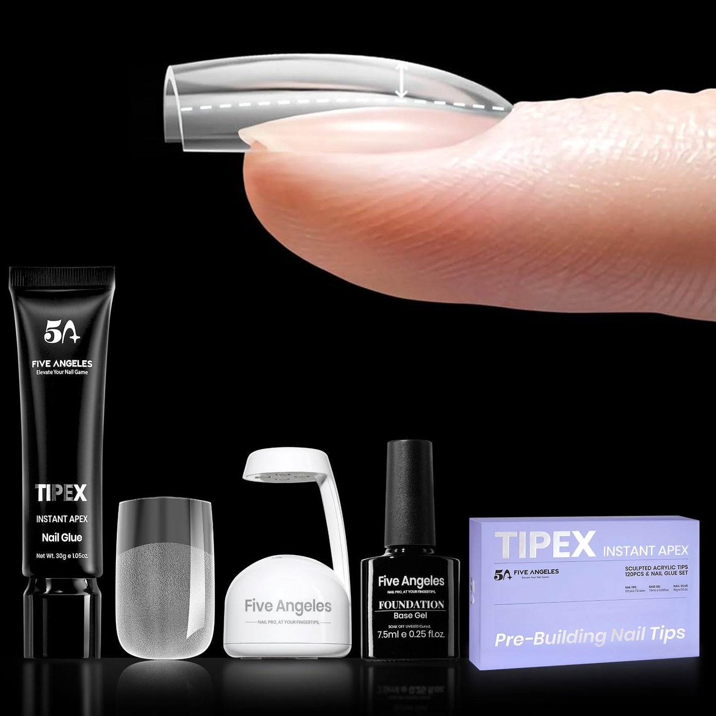 Five Angeles Tipex Gel Nail Tips Kit, Pre-etched Acrylic Hard Nail Tips Set for Beginners, Short Square Full Cover Press On Nails, Deep C Curve Flat Nails, 16 Sizes, UV Nail Glue, LED Lamp, Base Gel
