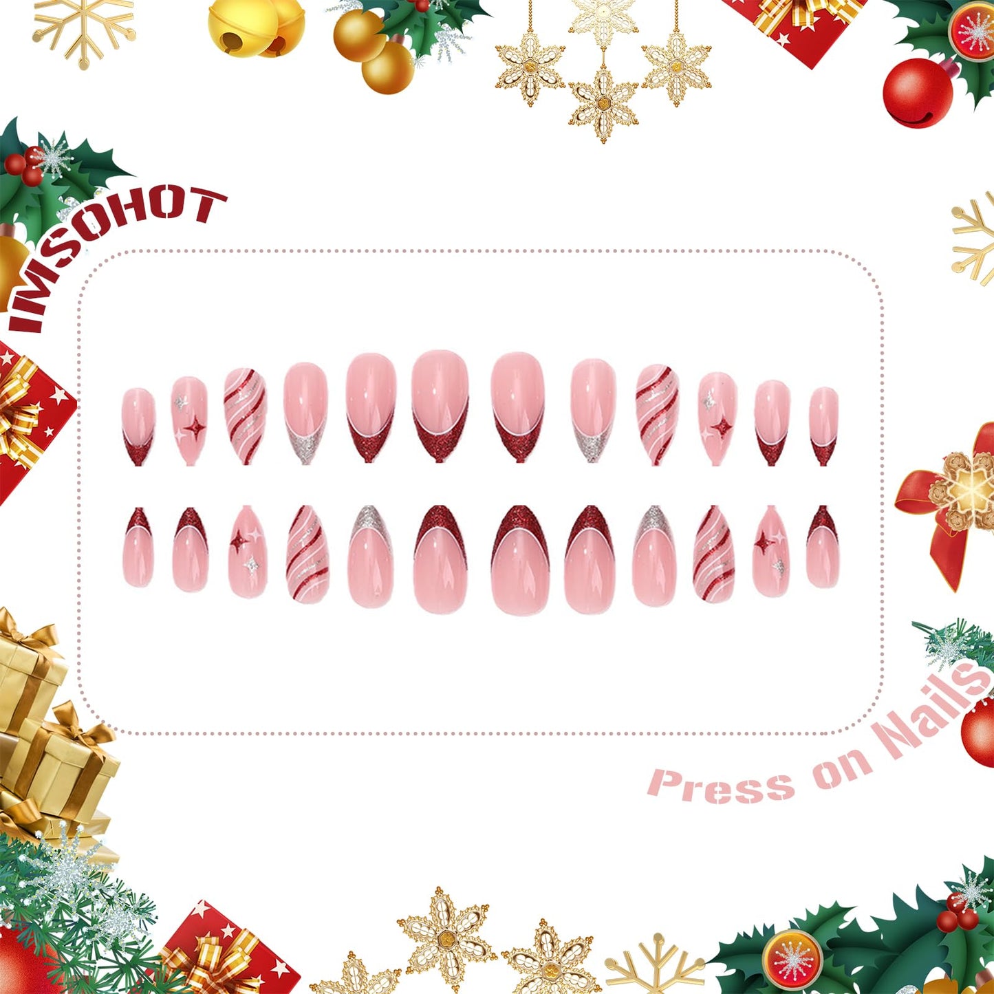IMSOHOT Press on Nails Medium Almond Fake Nails Red Silver Glitter Glue on Nails Full Cover Cute Bling Star Acrylic False Nails