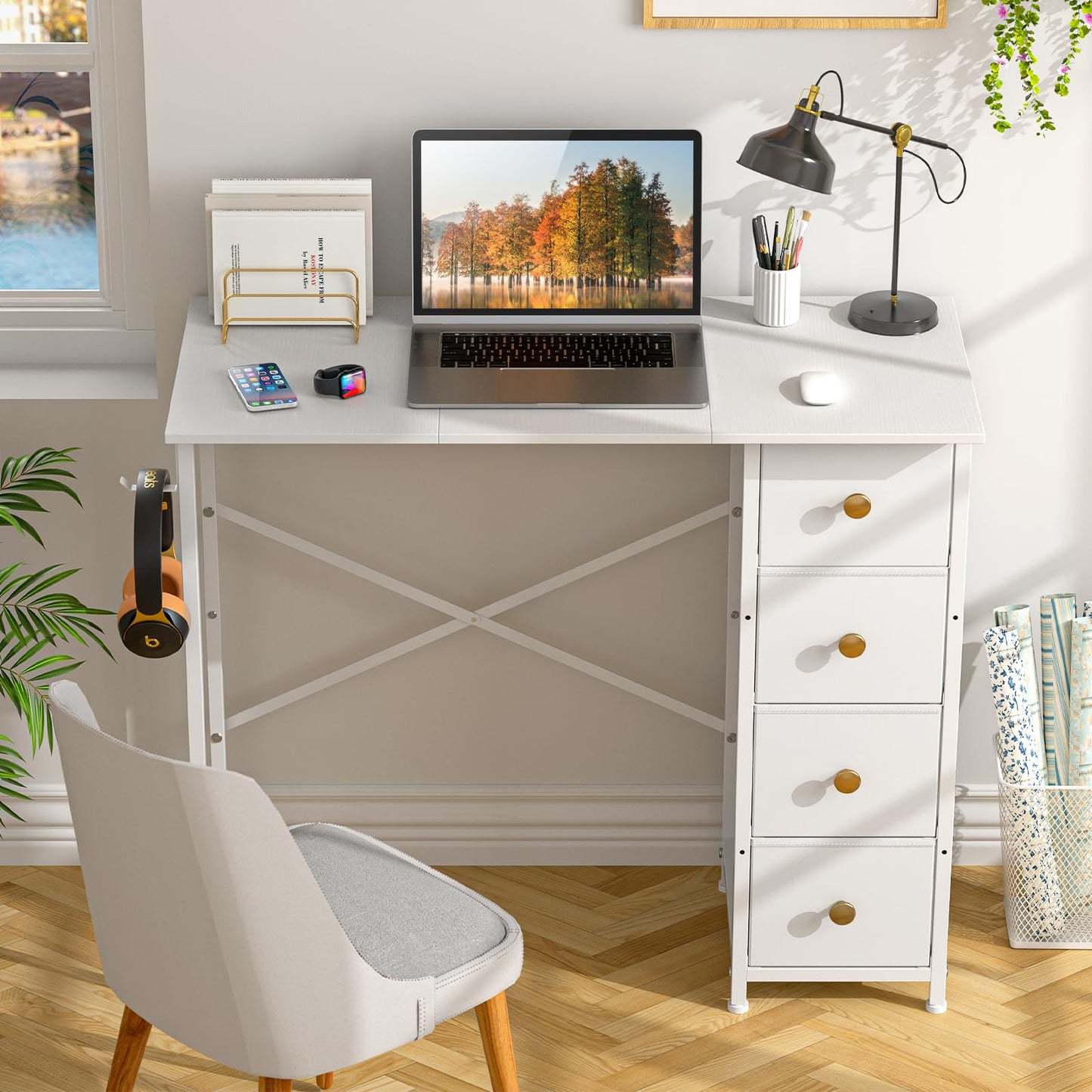 Small White Desk with Drawers for Bedroom, 35.4 Inch Kids Girls Teens Student Writing Desk with Storage, Reversible Study Table, White Computer Desk for Home Office, Makeup Vanity Desk for Small Space