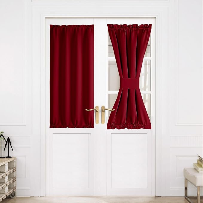 NICETOWN Christmas Blackout Door Curtain, Thermal Insulated Blackout Window Cover for French & Front Doors with Adjustable Tieback, Room Darkening Shade for Privacy, Burgundy, W30 x L50, 1 Panel