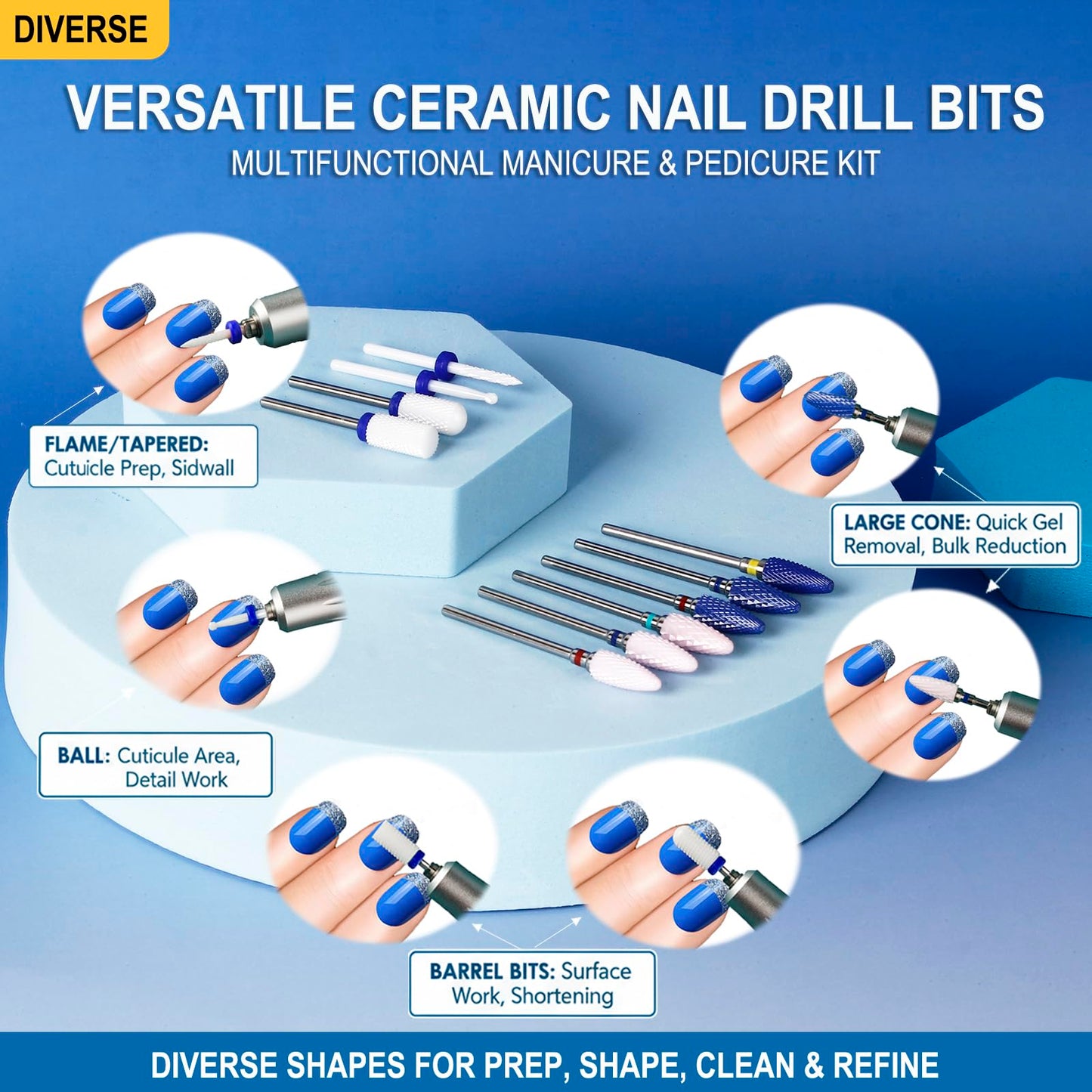 Feecy Nail Drill Bits Set Ceramic for Acrylic Nails Gel Polish Professional, 3/32 Inch Efile Nail Drill Bits Kit for Cuticle Safety Barrel Nail Art Tools with Holder, 10pcs (S10-B)