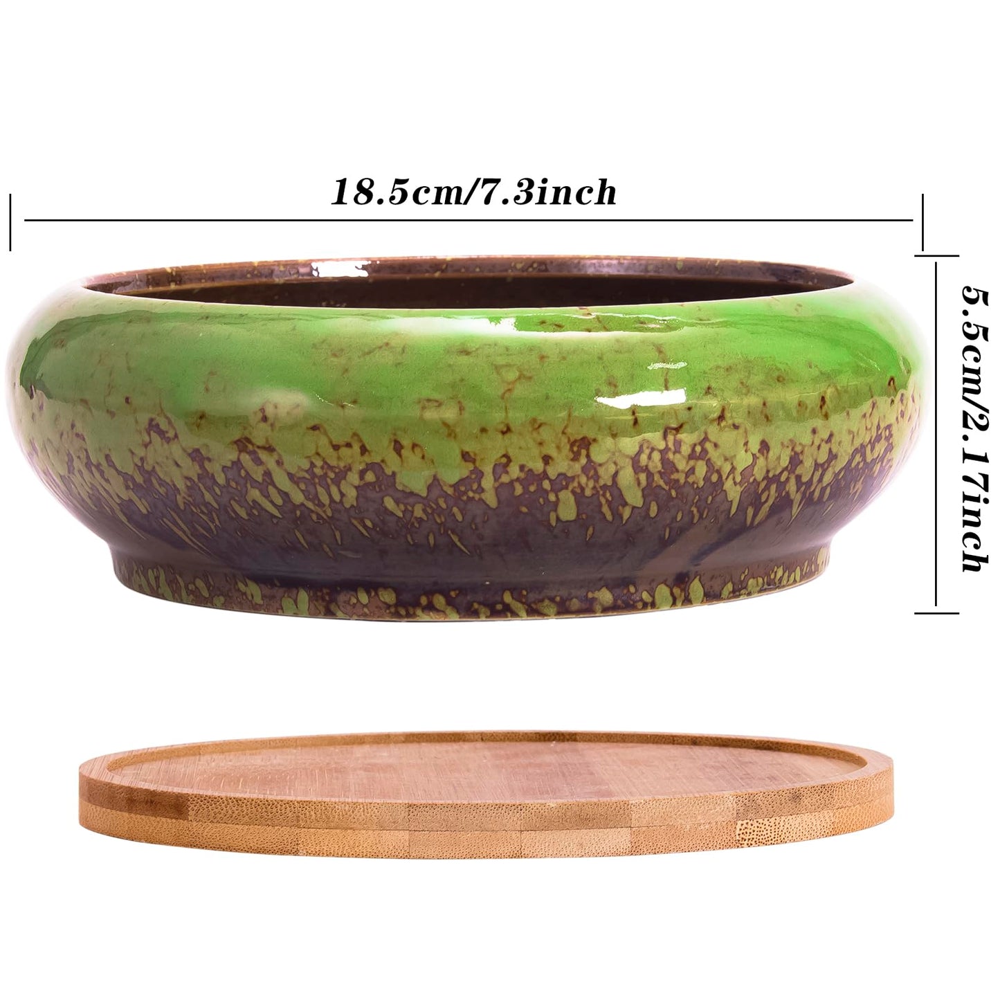 ARTKETTY Succulent Pots - 2 PCS Large Bonsai Pots with Drainage Tray, 7.3 Inch Shallow Planters for Indoor Plants Ceramic Cactus Plant Container Bowl for Home Office Desk