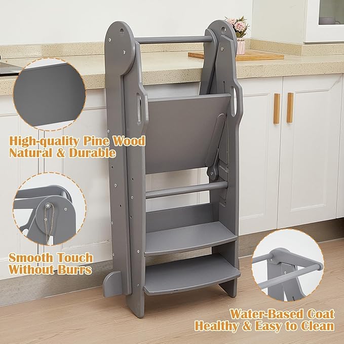 FUNLIO Foldable Kitchen Step Stool for Kids 2-6 Years, Montessori Step Stool, 3-Level Height Adjustable Standing Tower, Easy to Assemble, CPC & CE,Grey
