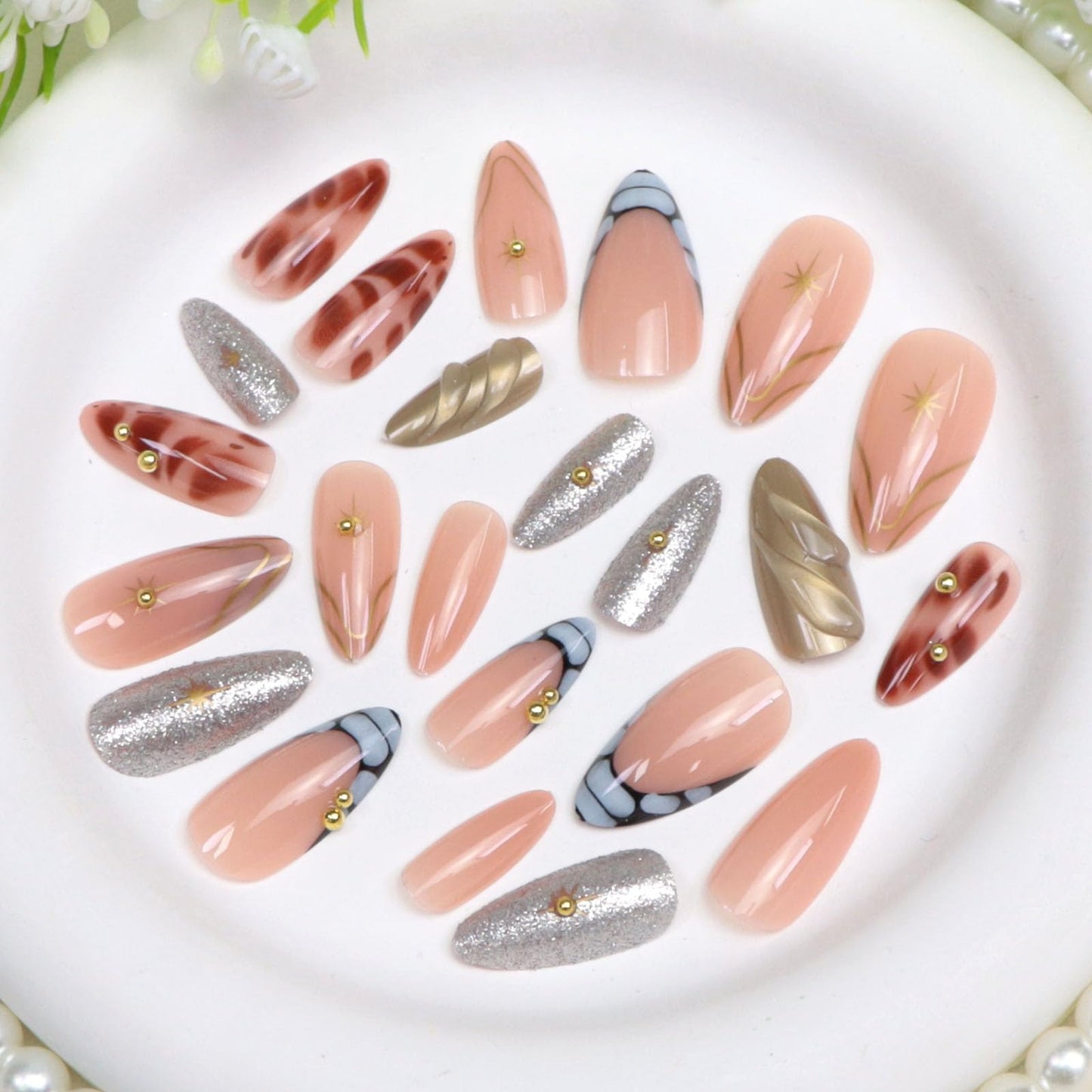 Medium Press on Nails Almond Fake Nails French Tip with 3D Water Ripples Pearls Stars Lines Irregular Pattern Designs Silver Glitter Sequins Nails Press ons Nude Stick on Nails for Women 24Pcs